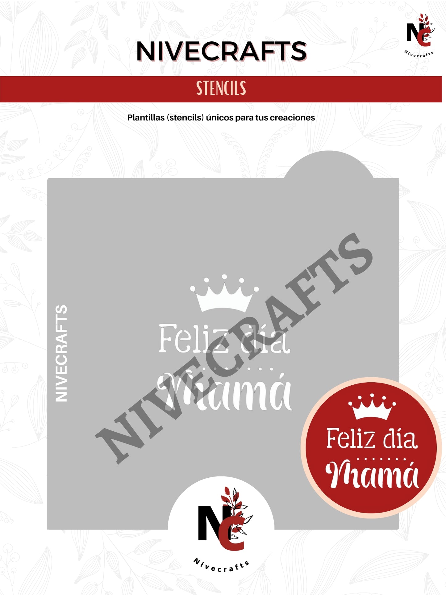 Stencil - Feliz dia Mamá con Corona (para círculo 3 pulgadas)
